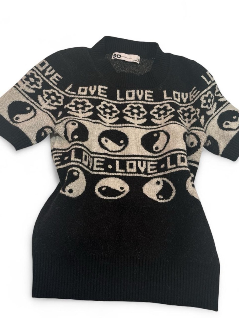 SO Black & Cream LOVE Yin Yang Short Sleeve Crew Sweater